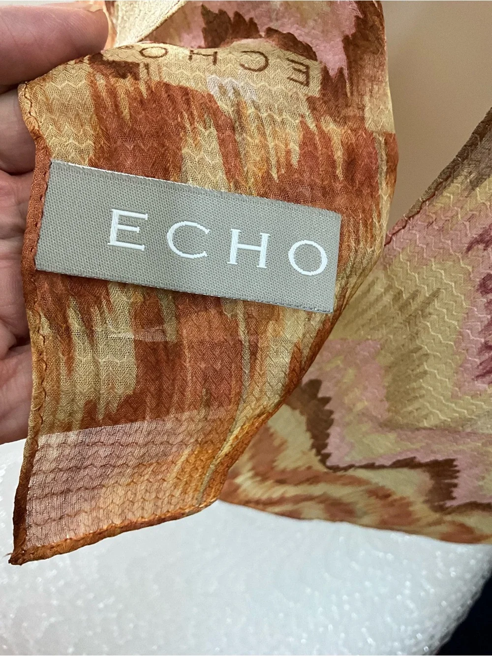 Echo 100% Silk Scarf Chevron Zigzag Print Pink Brown Orange Oblong
